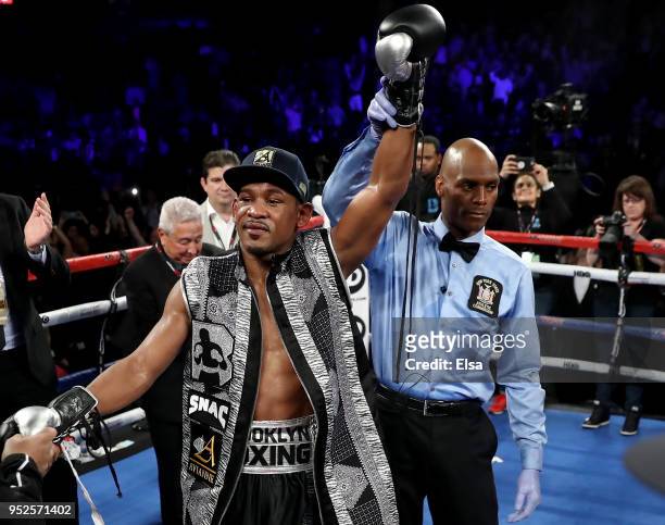 Daniel Jacobs of the USA is declared the winner over Maciej Sulecki of Poland during their WBA World Middleweight Title bout at Barclays Center on...