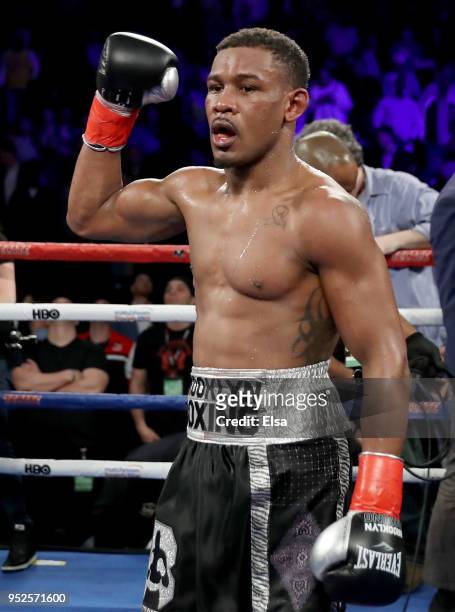 Daniel Jacobs of the USA celebrates after the 12th round against Maciej Sulecki of Poland after their WBA World Middleweight Title bout at Barclays...