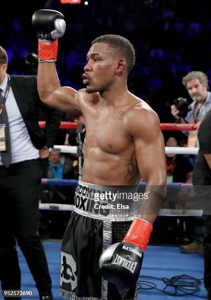 Daniel Jacobs of the USA celebrates after the 12th round against Maciej Sulecki of Poland after their WBA World Middleweight Title bout at Barclays...