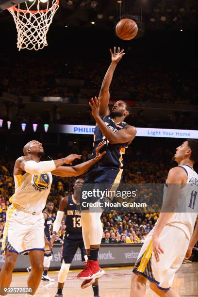 Darius Miller of the New Orleans Pelicans drives to the basket during the game against the Golden State Warriors in Game One of Round Two of the 2018...