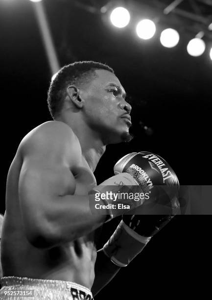 Daniel Jacobs of the USA stands in his corner before the first round against Maciej Sulecki of Poland during their WBA World Middleweight Title bout...