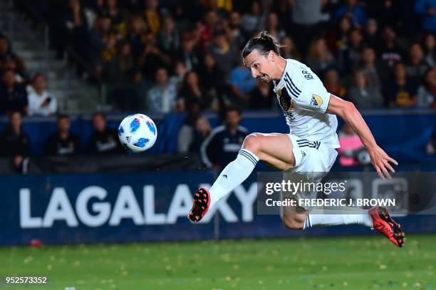 Zlatan Ibrahimovic of the LA Galaxy scores a disallowed goal in the second half against the New York Red Bulls in their MLS match in Carson,...