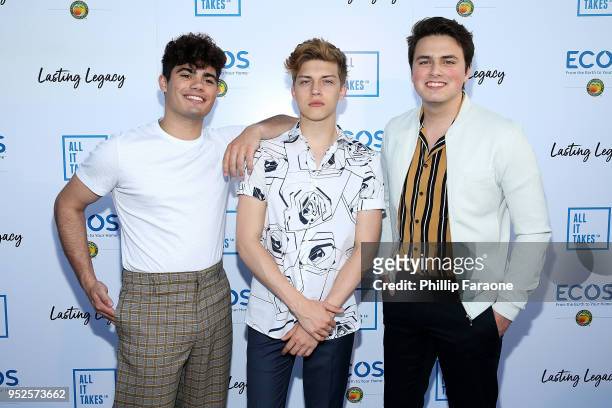 Singers Emery Kelly, Ricky Garcia, and Liam Attridge of Forever in Your Mind attend the All It Takes Fundraiser Dinner on April 28, 2018 in Cypress,...