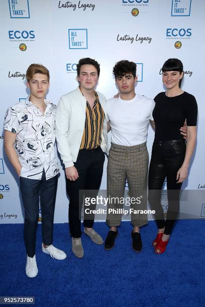 Singers Ricky Garcia, Liam Attridge and Emery Kelly of Forever in Your Mind and actor Shailene Woodley attend the All It Takes Fundraiser Dinner on...