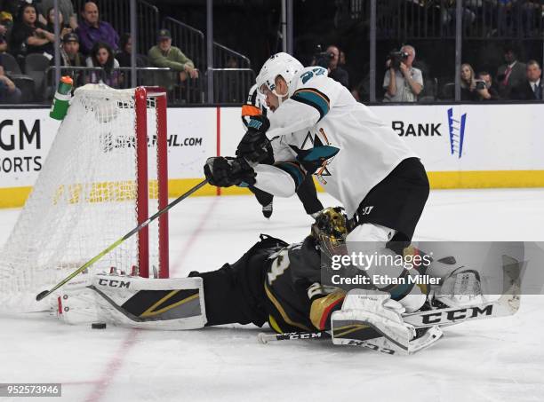 Marc-Andre Fleury of the Vegas Golden Knights takes down Joonas Donskoi of the San Jose Sharks in the second overtime period of Game Two of the...