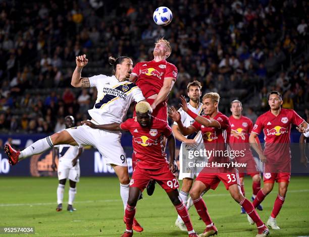 Tim Parker of New York Red Bulls clears a cross from Zlatan Ibrahimovic of Los Angeles Galaxy during the second half of a 3-2 Red Bulls win at...