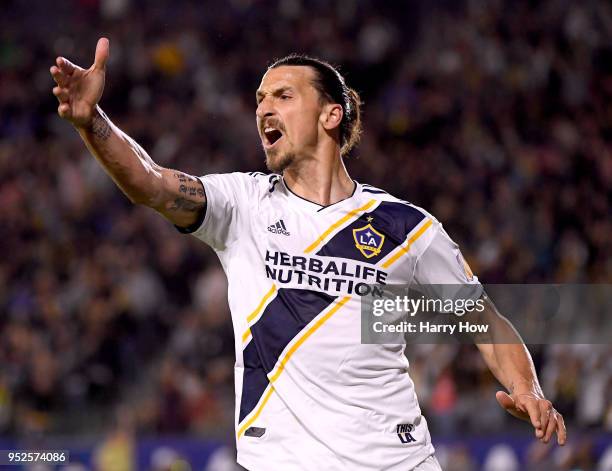 Zlatan Ibrahimovic of Los Angeles Galaxy reacts as his goal is called off after an offside during the second half of a 3-2 Red Bulls win at StubHub...