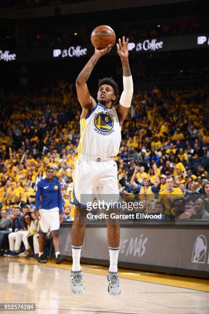 Nick Young of the Golden State Warriors shoots the ball against the New Orleans Pelicans during Game One of the Western Conference Semifinals of the...