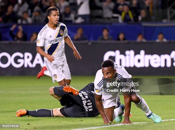 Ola Kamara of Los Angeles Galaxy reacts to his goal past Luis Robles of New York Red Bulls to trail 2-1 during the second half of a 3-2 Red Bulls win...