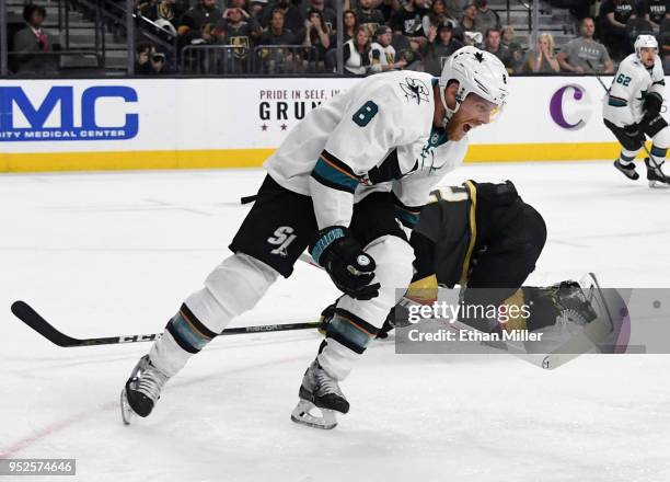 Joe Pavelski of the San Jose Sharks celebrates in front of Cody Eakin of the Vegas Golden Knights after Logan Couture of the Sharks scored a...