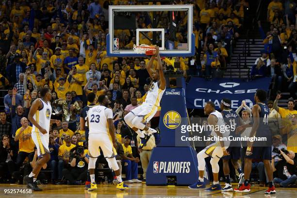 Kevin Durant of the Golden State Warriors dunks the ball during Game One of the Western Conference Semifinals against the New Orleans Pelicans at...