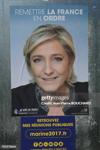 Affiche électorale de Marine Le Pen pour l?élection présidentielle 2017 devant la mairie d?un village de Gironde, 13 avril 2017, France.