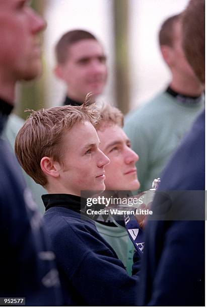 The Oxford Cox Jeremy Moncrieff holds the trophy during the Presidents Challange and Crew Announcement for the 147th Oxford & Cambridge Boat Race...