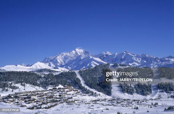 Domaine skiable, en arriere plan le massif du Mont-Blanc, Les Saisies, espace Diamant, Beaufortain, departement Savoie, region Rhones-Alpes, France...