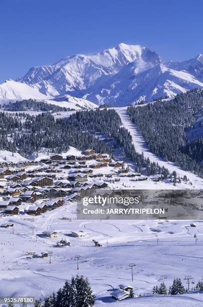 Domaine skiable, en arriere plan le massif du Mont-Blanc, Les Saisies, espace Diamant, Beaufortain, departement Savoie, region Rhones-Alpes, France...