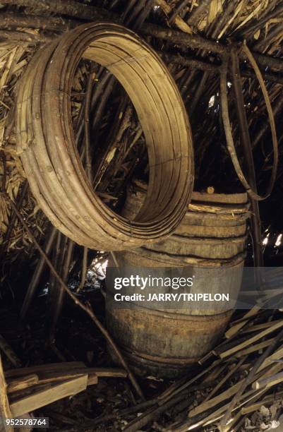 Feuillards servant a cercler les tonneaux de vin, cabane de feuillardier en copeaux de chataignier, atelier-musee de la Terre de Puycheny,...