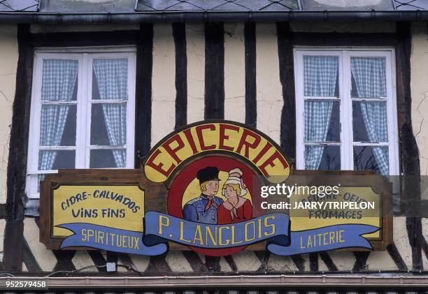 Enseigne epicerie, Beuvron-en-Auge, pays d Auge, departement Calvados, region Normandie, France grocer shop sign, Beuvron-en-Auge, Auge country,...