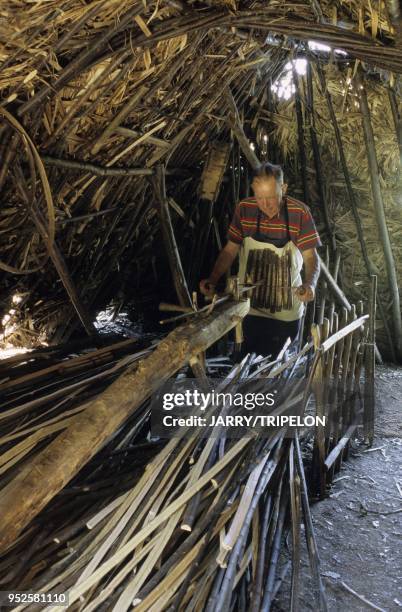 Feuillardier preparant des feuillards pour cercler les tonneaux de vin, cabane de feuillardier en copeaux de chataignier, atelier-musee de la Terre...