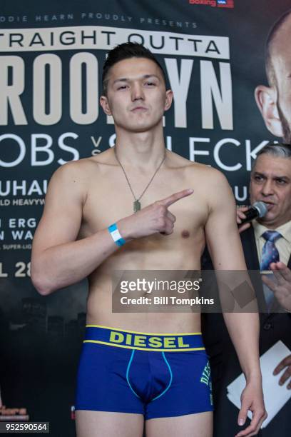 Dimash Niyazov weighs in for his upcoming Lightweight fight against Angel Sarinara at the Barclays Center on April 27, 2018 in the Brooklyn borough...