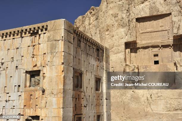 Four tombs to Achaemenid kings are carved in the rock. Darius I the Great , Xerxes I , Artaxerxes I , and Darius II . The rock reliefs are of the...