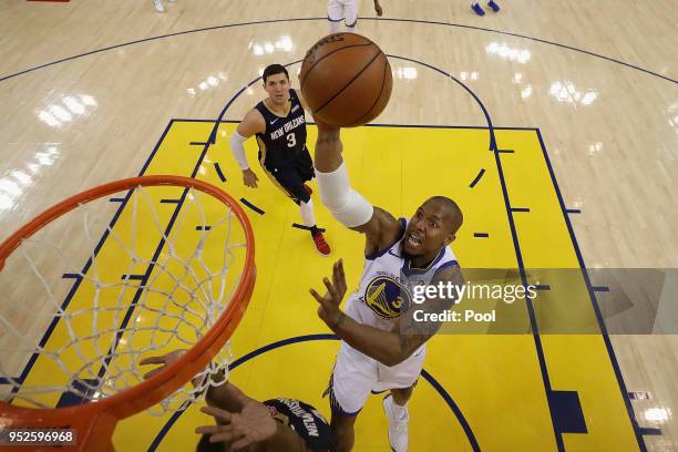 David West of the Golden State Warriors goes to the basket during Game One of the Western Conference Semifinals against the New Orleans Pelicans at...