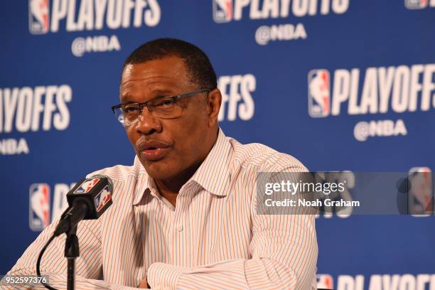 Coach Alvin Gentry of the New Orleans Pelicans speaks with the media during a press conference after Game One of Round Two of the 2018 NBA Playoffs...