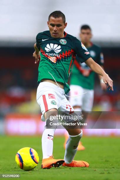 Paul Aguilar of America drives the ball during the 17th round match between America and Santos Laguna as part of the Torneo Clausura 2018 Liga MX at...