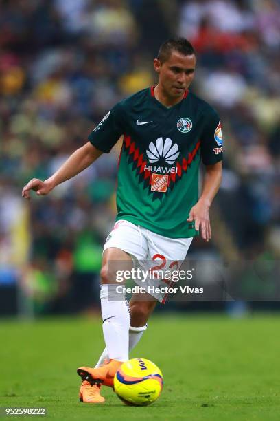 Paul Aguilar of America drives the ball during the 17th round match between America and Santos Laguna as part of the Torneo Clausura 2018 Liga MX at...