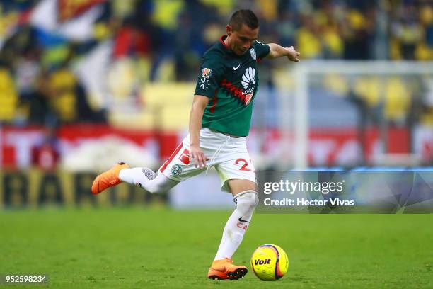 Paul Aguilar of America drives the ball during the 17th round match between America and Santos Laguna as part of the Torneo Clausura 2018 Liga MX at...