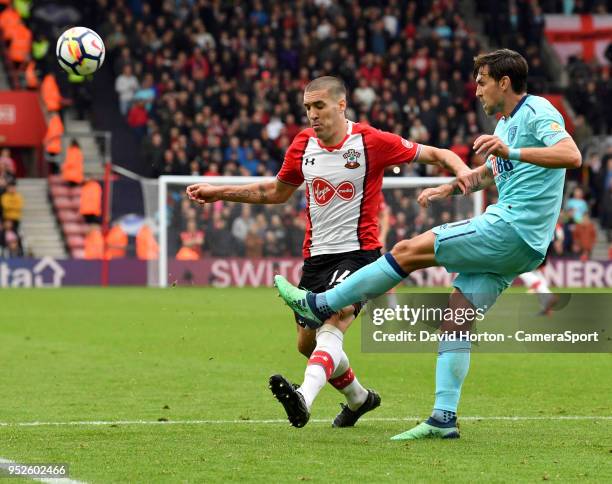 Southampton's Oriol Romeu battles with Bournemouth's Charlie Daniels during the Premier League match between Southampton and AFC Bournemouth at St...