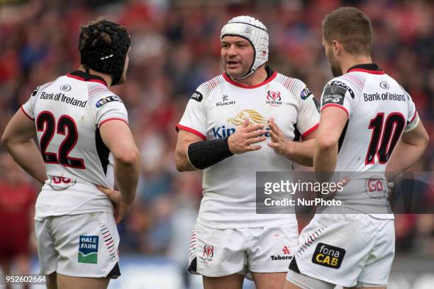 Rory Best of Ulster talks with Angus Curtis and Johnny Mc Phillips of Ulster during the Guinness PRO14 match between Munster Rugby and Ulster Rugby...