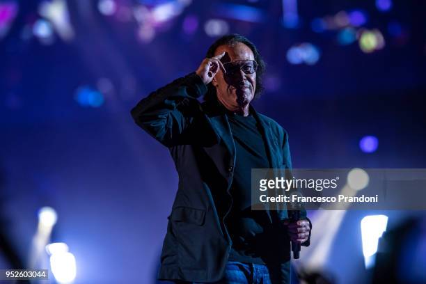 Antonello Venditti attends at Ermal Meta concert and perform on stage at Mediolanum Forum on April 28, 2018 in Milan, Italy.