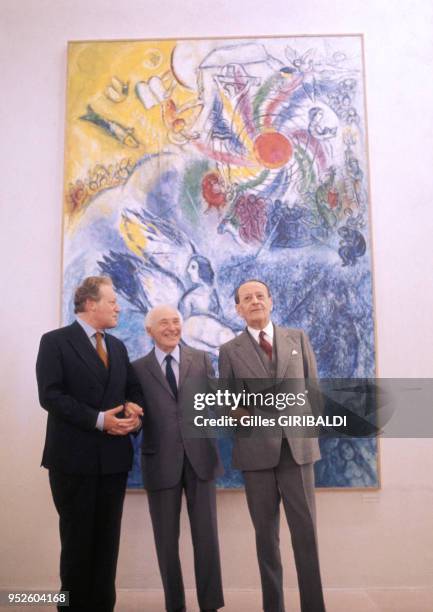 Maurice Druon,Marc Chagall et André Malraux au musée Chagall à Nice le 8 juillet 1973 à Nice, France.