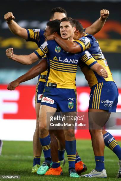 Mitchell Moses of the Eels celebrates victory with his team mates during the round Eight NRL match between the Parramatta Eels and the Wests Tigers...