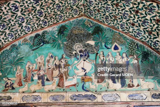 Inde, Rajasthan, region du Mewar, village de Bundi, peintures murales dans le Chitrasala au Garth Palace.