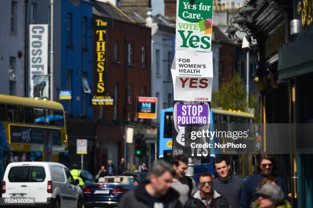 View of 'Stop Policing My Body' Vote YES posters seen in Dublin, advocating repeal of the Eighth Amendment of the Irish Constitution - the referendum...