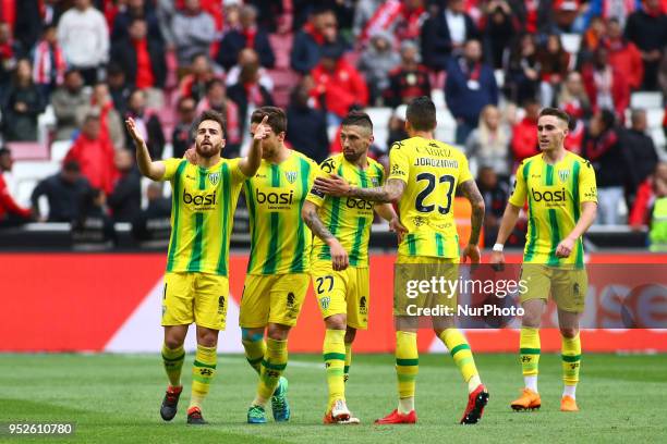 Tondela Forward Miguel Cardoso from Portugal celebrating with is team mate after scoring a goal during the Premier League 2017/18 match between SL...