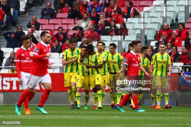 Tondela Forward Miguel Cardoso from Portugal celebrating with is team mate after scoring a goal during the Premier League 2017/18 match between SL...