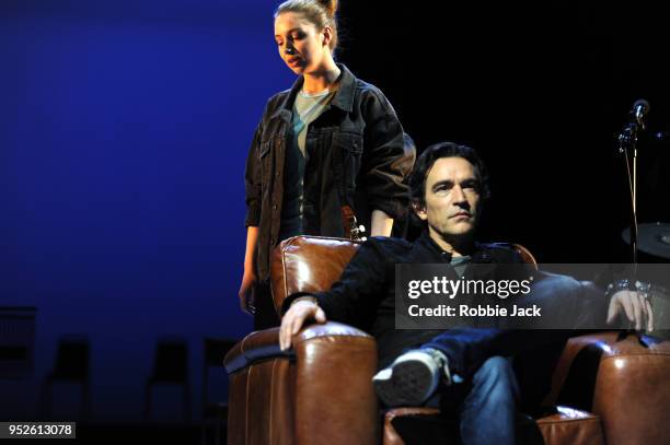 Ben Chaplin as Bernard and Seana Kerslake as Cat in Joe Pengall's Mood Music at The Old Vic Theatre on April 27, 2018 in London, England.