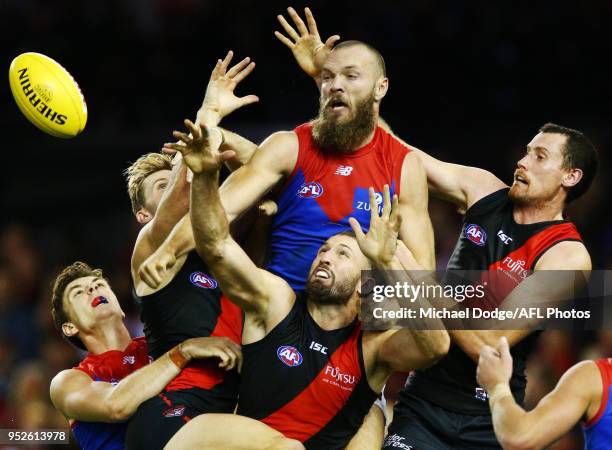 Max Gawn of the Demons compete for the ball over Cale Hooker and Matthew Leuenberger of Essendon during the round 6 AFL match between the Essendon...