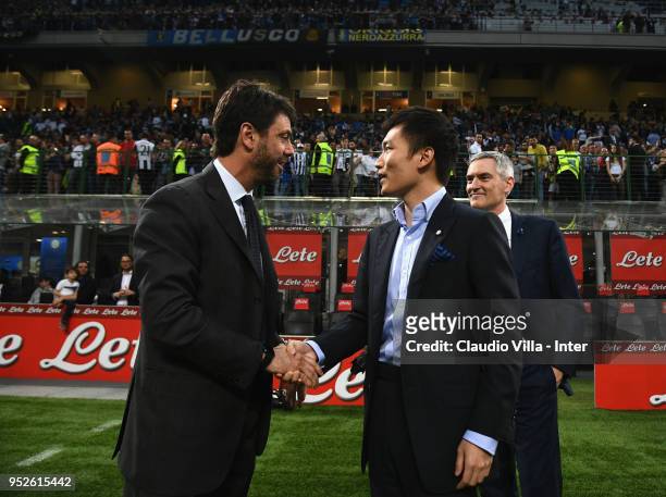 President Juventus FC Andrea Agnelli and FC Internazionale Milano board member Steven Zhang Kangyang chat prior to the serie A match between FC...