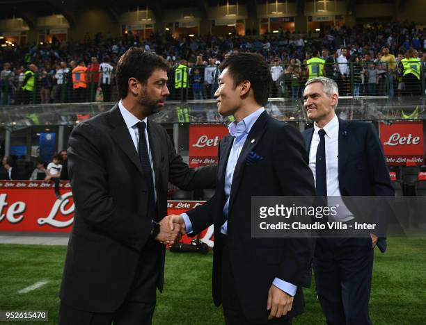 President Juventus FC Andrea Agnelli and FC Internazionale Milano board member Steven Zhang Kangyang chat prior to the serie A match between FC...
