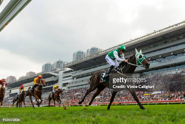 William Buick riding Pakistan Star wins Race 8, Audemars Piguet QE11 Cup on Champions Day at Sha Tin racecourse on April 29, 2018 in Hong Kong, Hong...