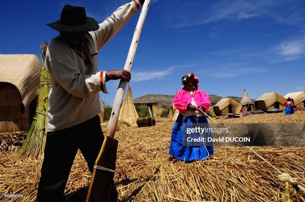 Santa Maria Uros Island On Titicaca Lake Near Puno In Peru
