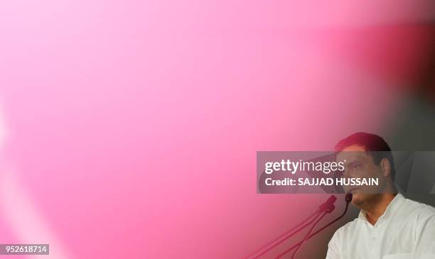 President of the Indian National Congress Party Rahul Gandhi addresses a rally dubbed Jan Aakrosh Rally in New Delhi on April 29, 2018. - The rally...