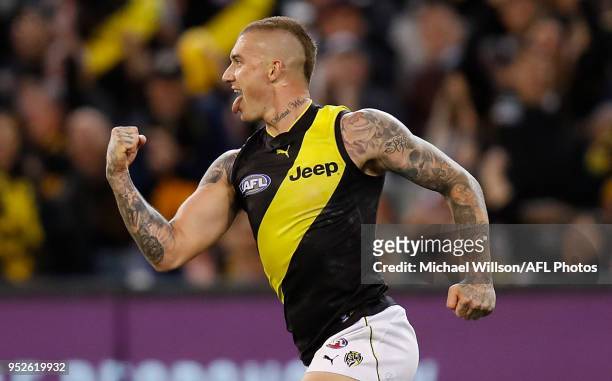 Dustin Martin of the Tigers celebrates during the 2018 AFL round six match between the Collingwood Magpies and the Richmond Tigers at the Melbourne...