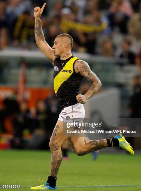 Dustin Martin of the Tigers celebrates during the 2018 AFL round six match between the Collingwood Magpies and the Richmond Tigers at the Melbourne...