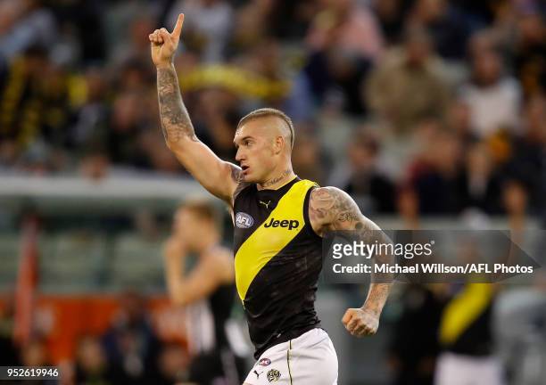 Dustin Martin of the Tigers celebrates during the 2018 AFL round six match between the Collingwood Magpies and the Richmond Tigers at the Melbourne...