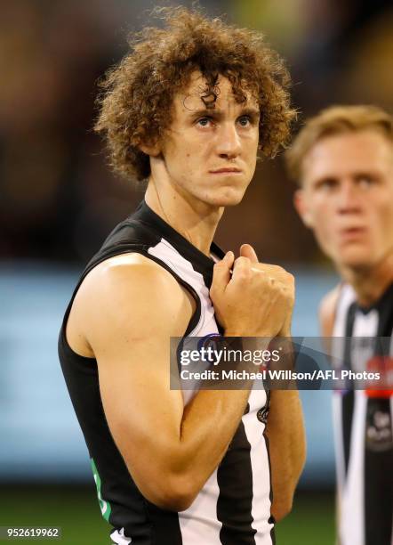 Chris Mayne of the Magpies looks dejected after a loss during the 2018 AFL round six match between the Collingwood Magpies and the Richmond Tigers at...