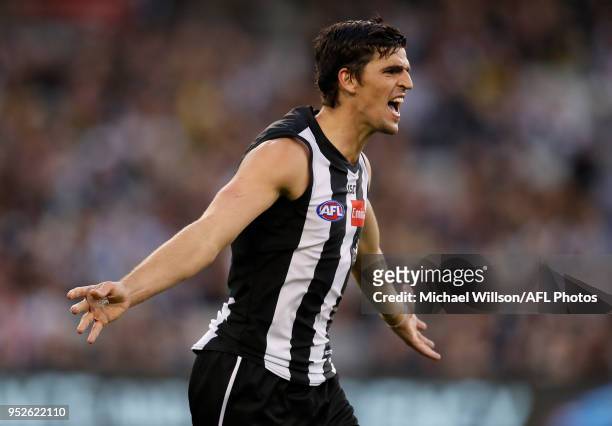 Scott Pendlebury of the Magpies appeals to the umpire during the 2018 AFL round six match between the Collingwood Magpies and the Richmond Tigers at...